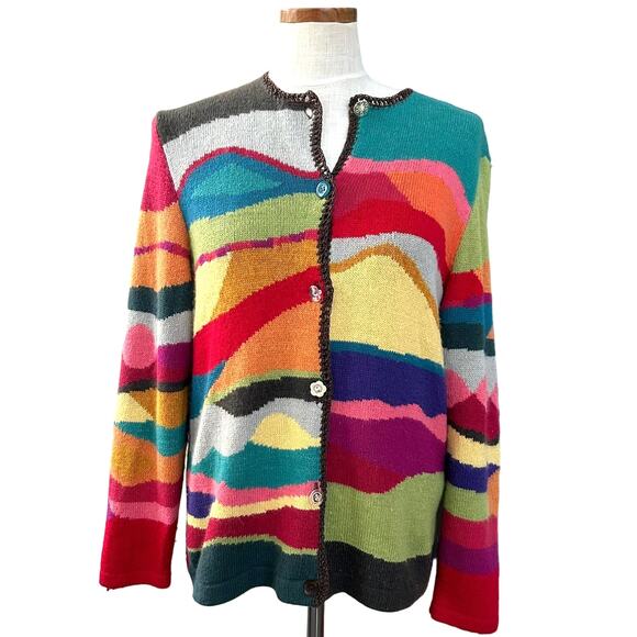 Vtg Susan Bristol Silk Angora Cardigan L Patchwork Colorful Granny Core Wool - Picture 1 of 16